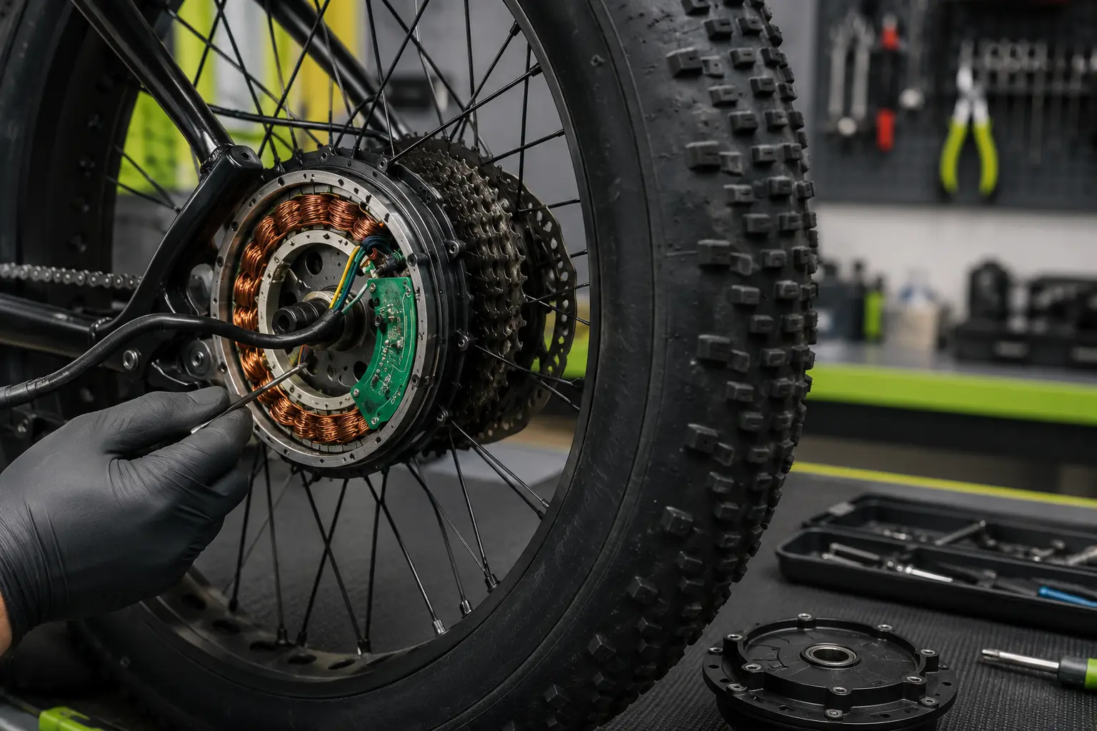 Open electric bicycle hub motor undergoing professional diagnosis and repair