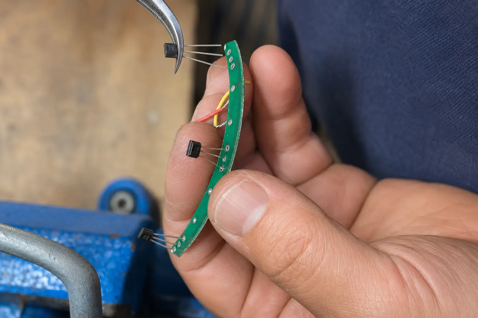 Hall sensor circuit board held during precision motor repair